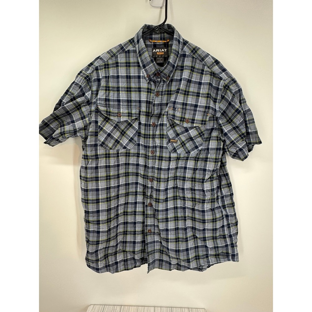 Ariat Rebar Men's Blue Green Plaid‎ Button Up Short Sleeve Work Shirt Large